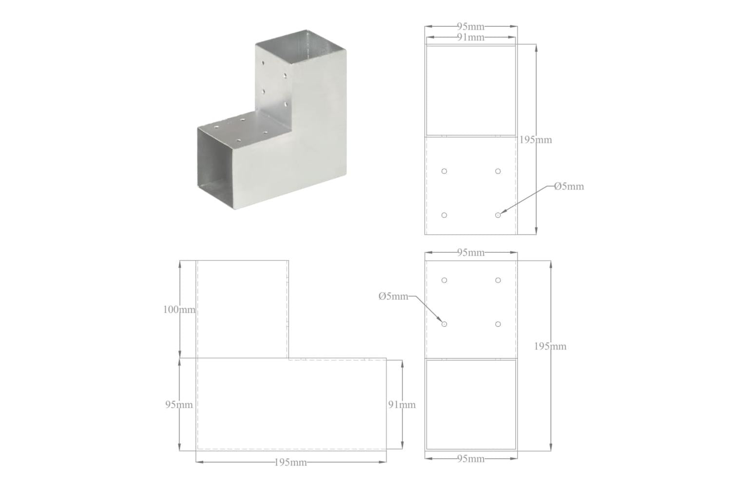 vidaXL 145470 Post Connectors 4 Pcs L Shape Galvanised Metal 91x91mm-8