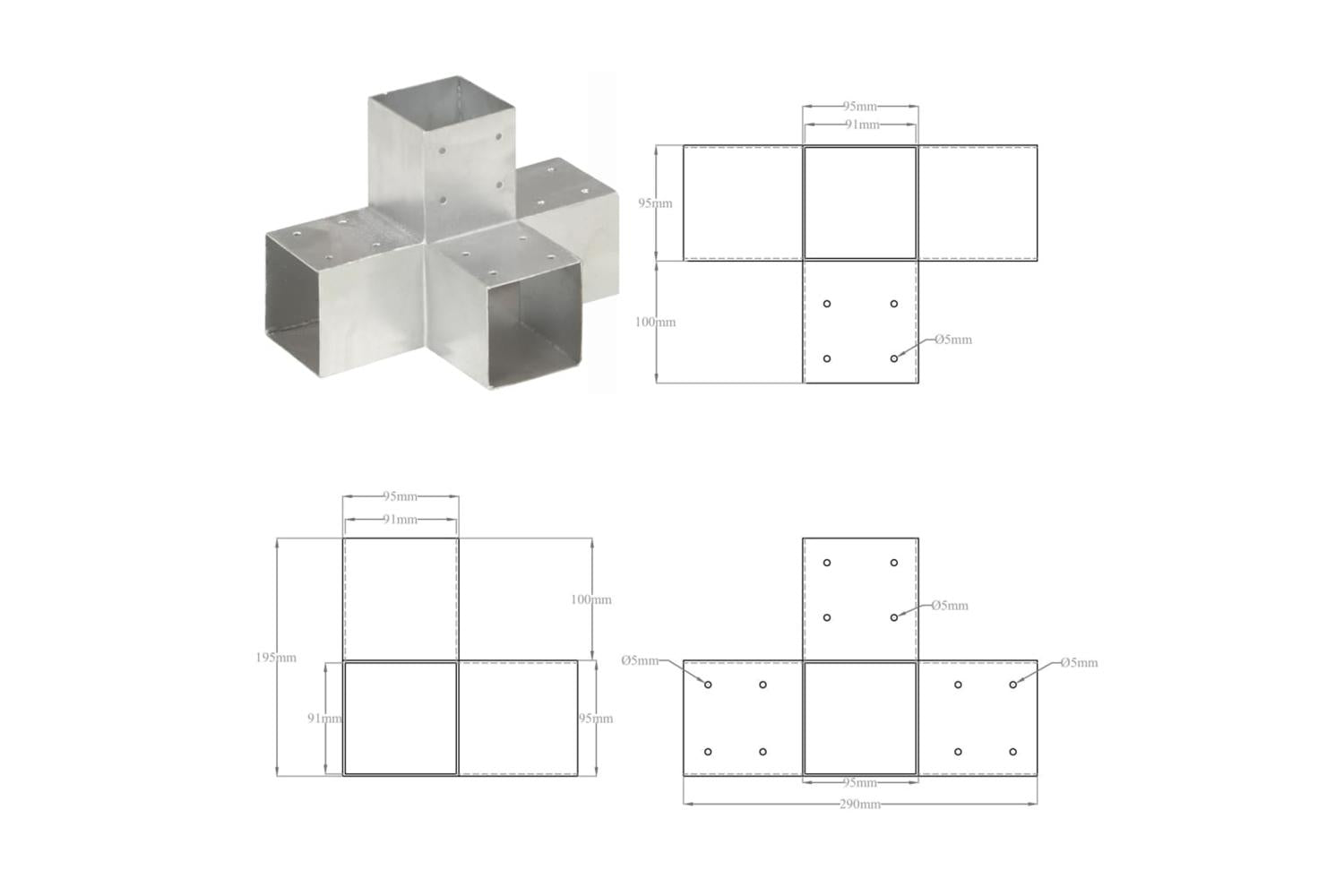 vidaXL 145476 Post Connectors 4 Pcs X Shape Galvanised Metal 91x91mm-8