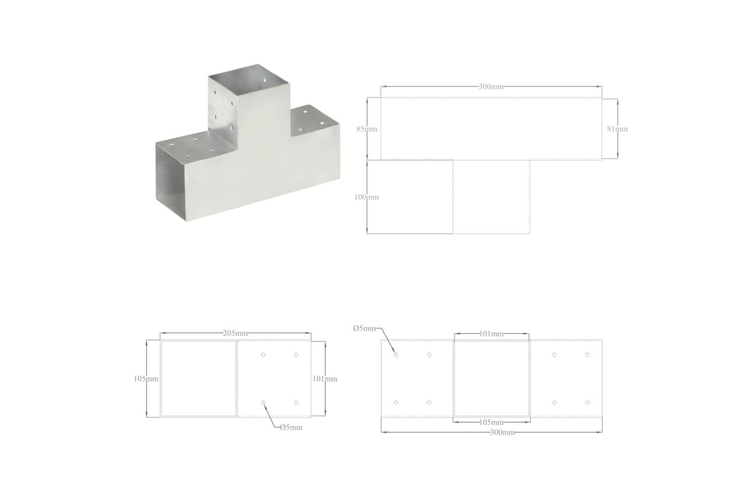 vidaXL 145479 Post Connector T Shape Galvanised Metal 101x101mm-7