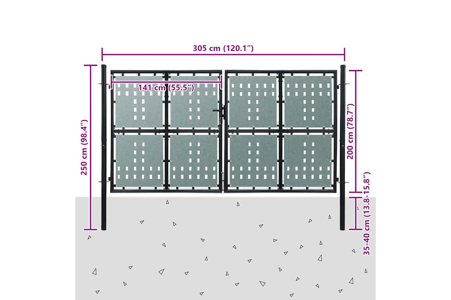 vidaXL 141695 Black Double Door Fence Gate 300 X 250cm-5