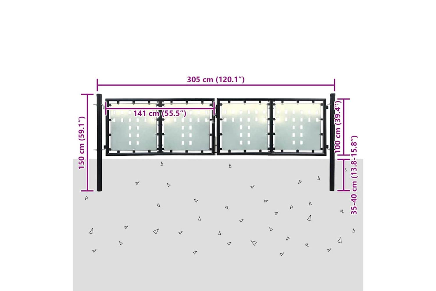 vidaXL 141691 Black Double Door Fence Gate 300 X 150cm-5