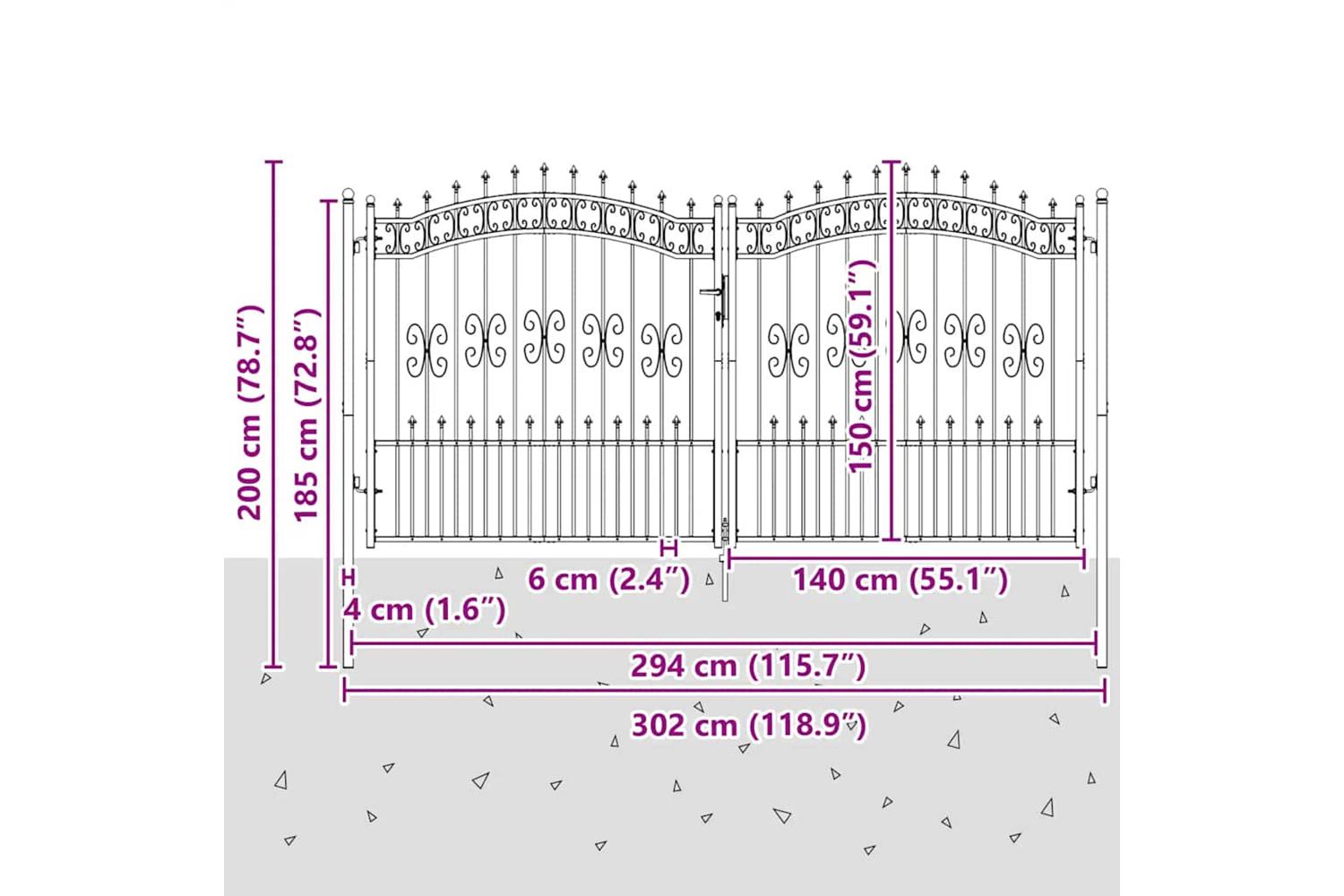 vidaXL 151097 Fence Gate With Spear Top Black 305x198cm Powder-coated Steel-6