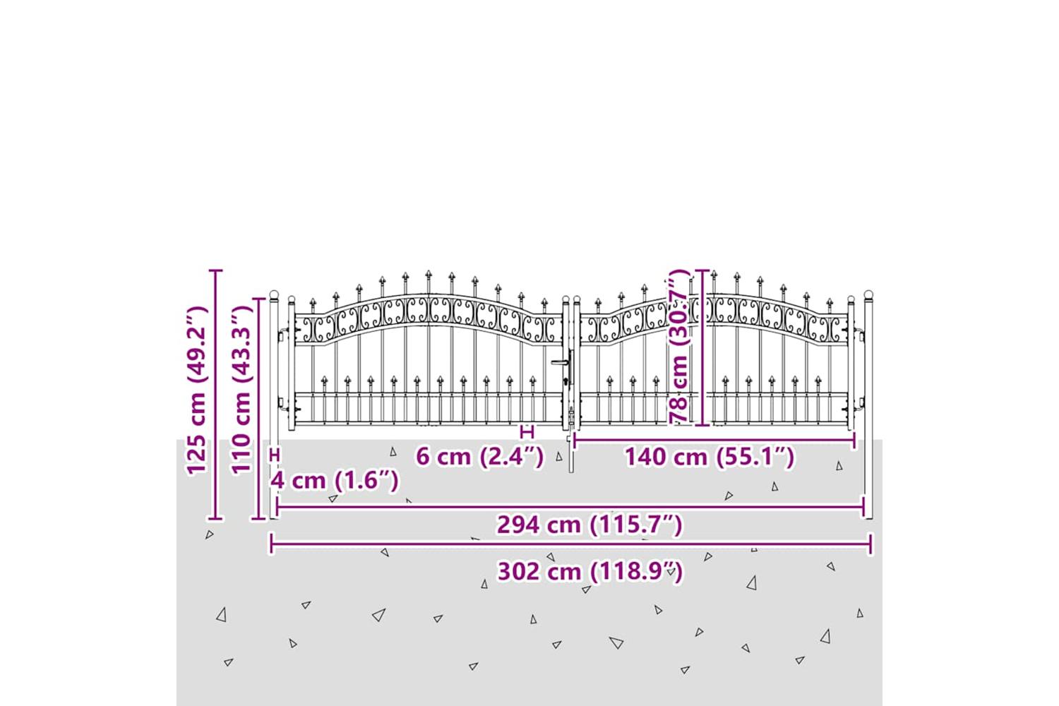 vidaXL 151094 Fence Gate With Spear Top Black 305x120cm Powder-coated Steel-6