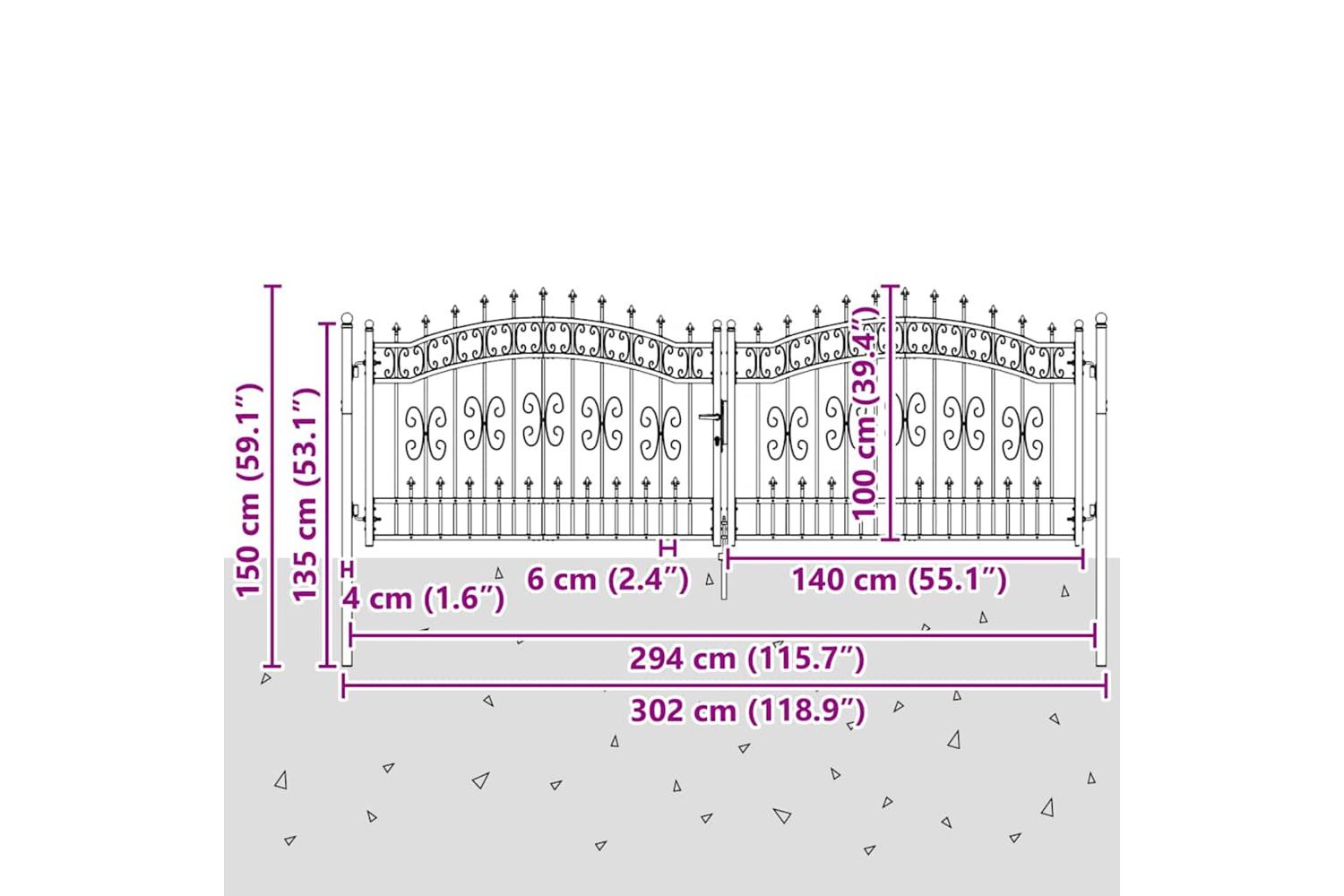 vidaXL 151095 Fence Gate With Spear Top Black 305x151cm Powder-coated Steel-6