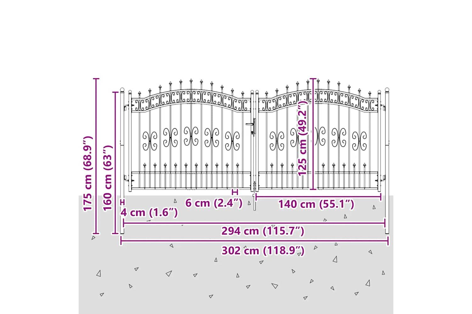 vidaXL 151096 Fence Gate With Spear Top Black 305x173cm Powder-coated Steel-6