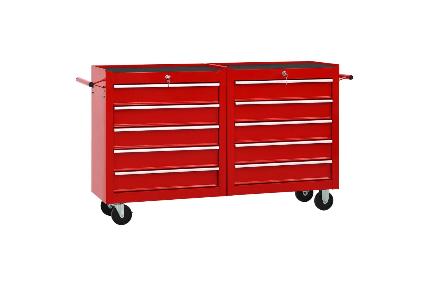 Vidaxl 3056731 Tool Trolley With 10 Drawers Steel Red (147175+147176)