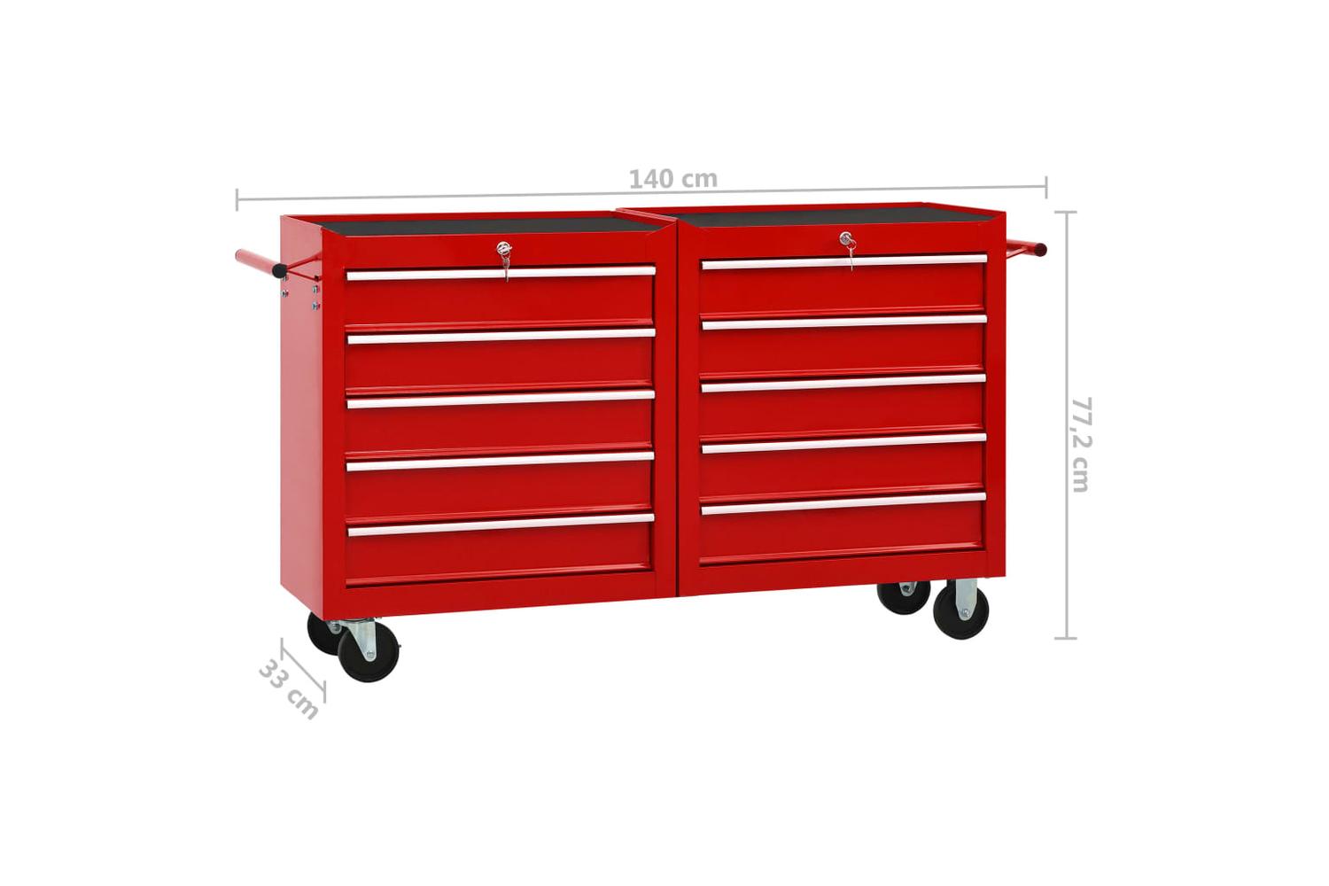 Vidaxl 3056731 Tool Trolley With 10 Drawers Steel Red (147175+147176)-9