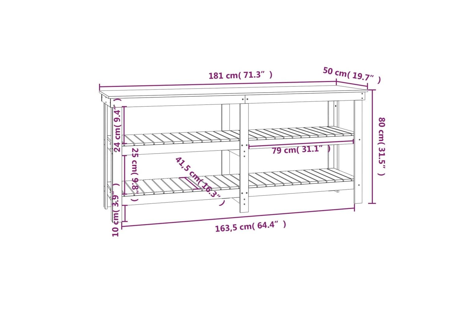 vidaXL 823655 Work Bench White 181x50x80cm Solid Wood Pine-8
