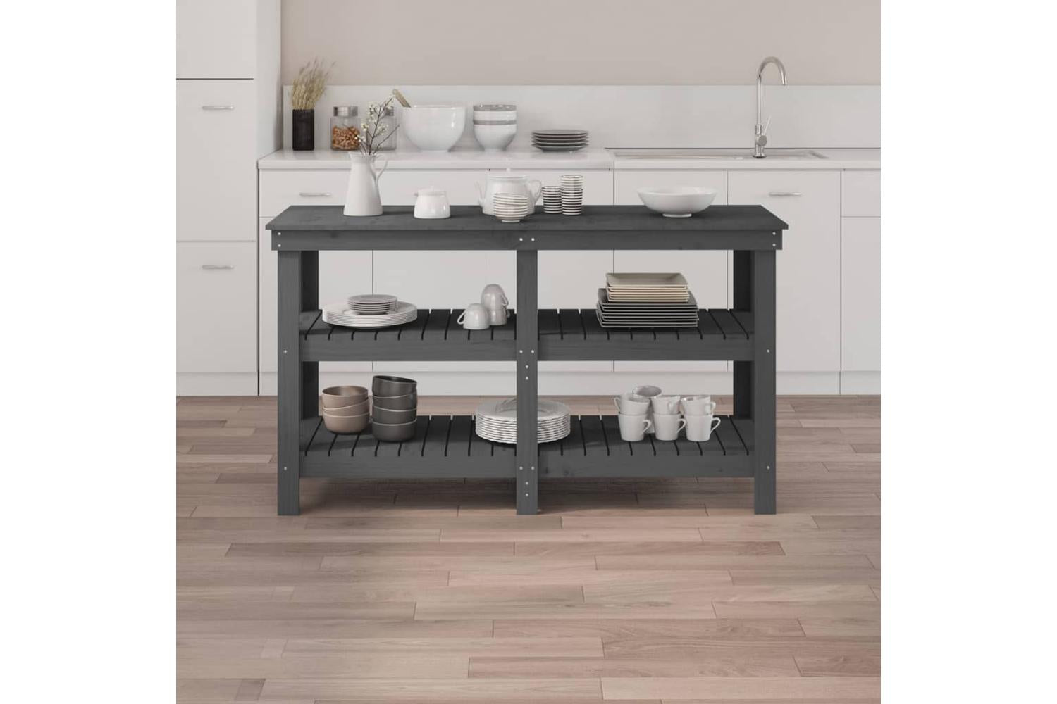 vidaXL 823651 Work Bench Grey 142.5x50x80cm Solid Wood Pine-3