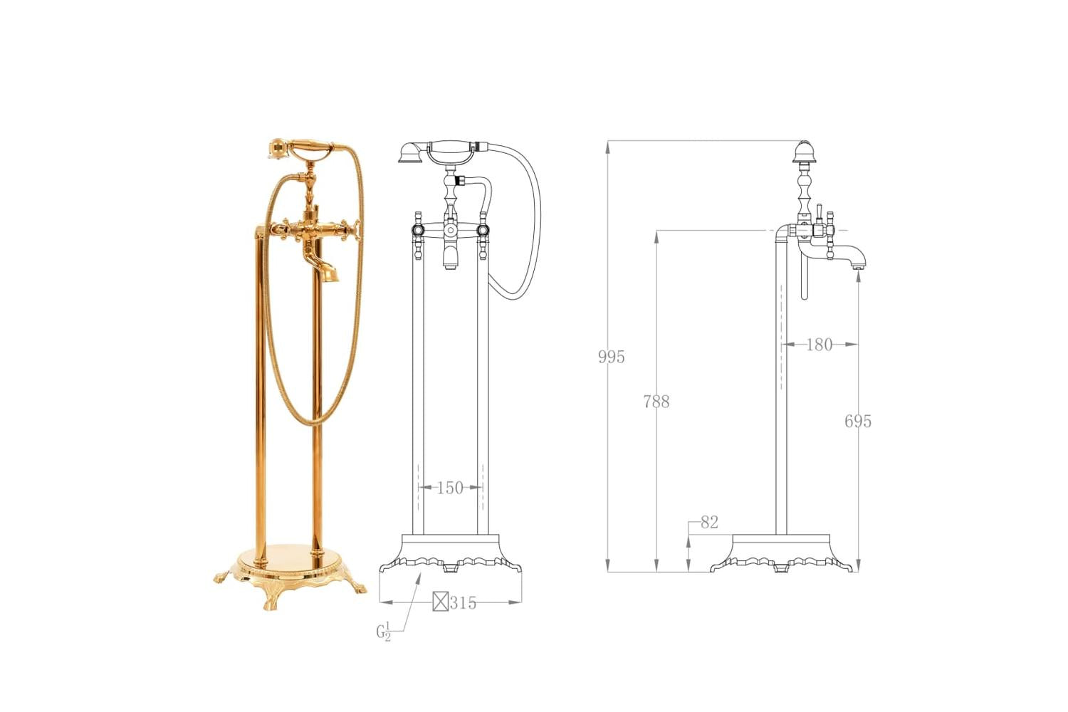 vidaXL 145095 Freestanding Bathtub Faucet Stainless Steel 99.5cm Gold-6
