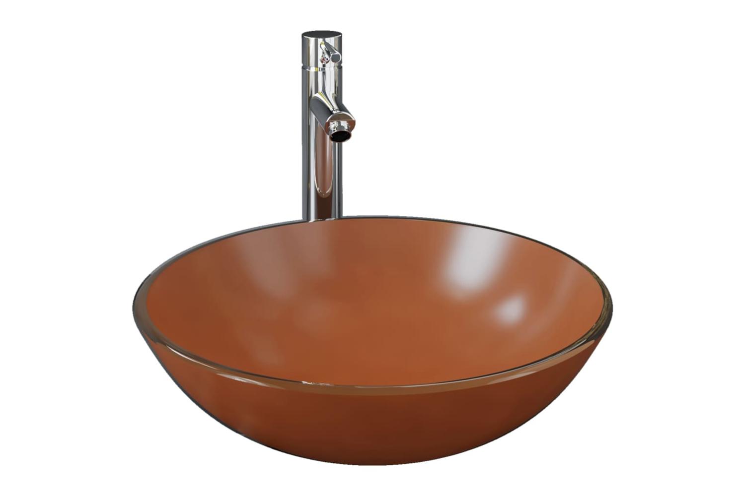 Vidaxl 3098454 Bathroom Sink With Tap And Push Drain Brown Tempered Glass