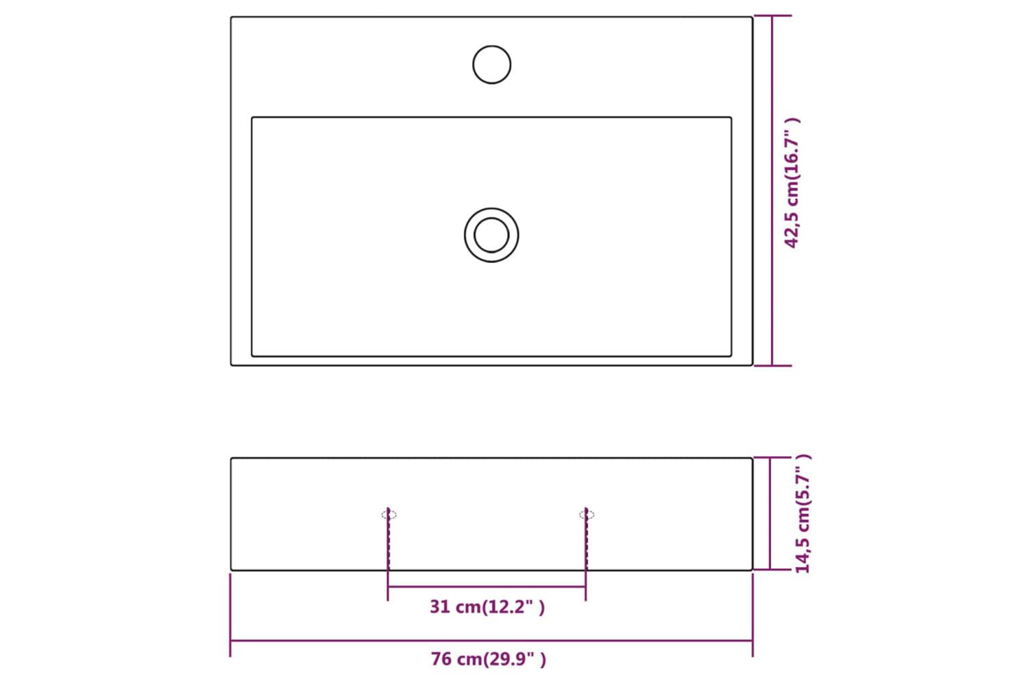 vidaXL 142348 Basin With Faucet Hole Ceramic White 76x42.5x14.5cm-6