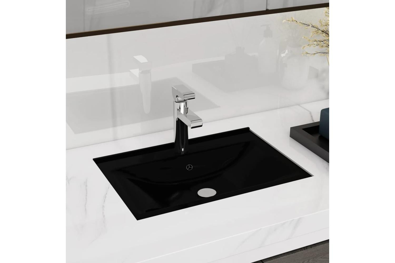 Vidaxl 141933 Ceramic Bathroom Sink Basin Faucet/overflow Hole Black Rectangular-2