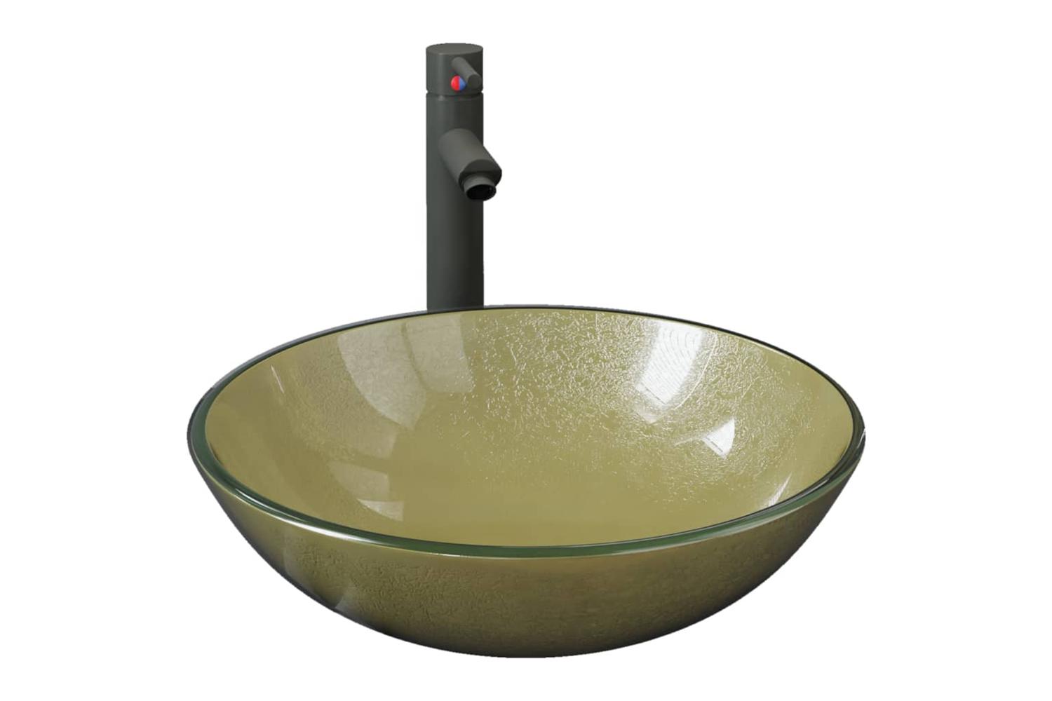 Vidaxl 3098462 Bathroom Sink With Tap And Push Drain Gold Tempered Glass-2