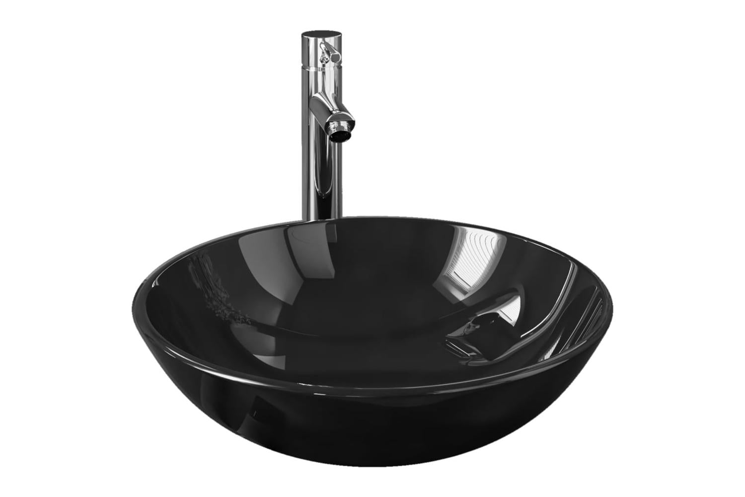 Vidaxl 3098449 Bathroom Sink With Tap And Push Drain Black Tempered Glass-2