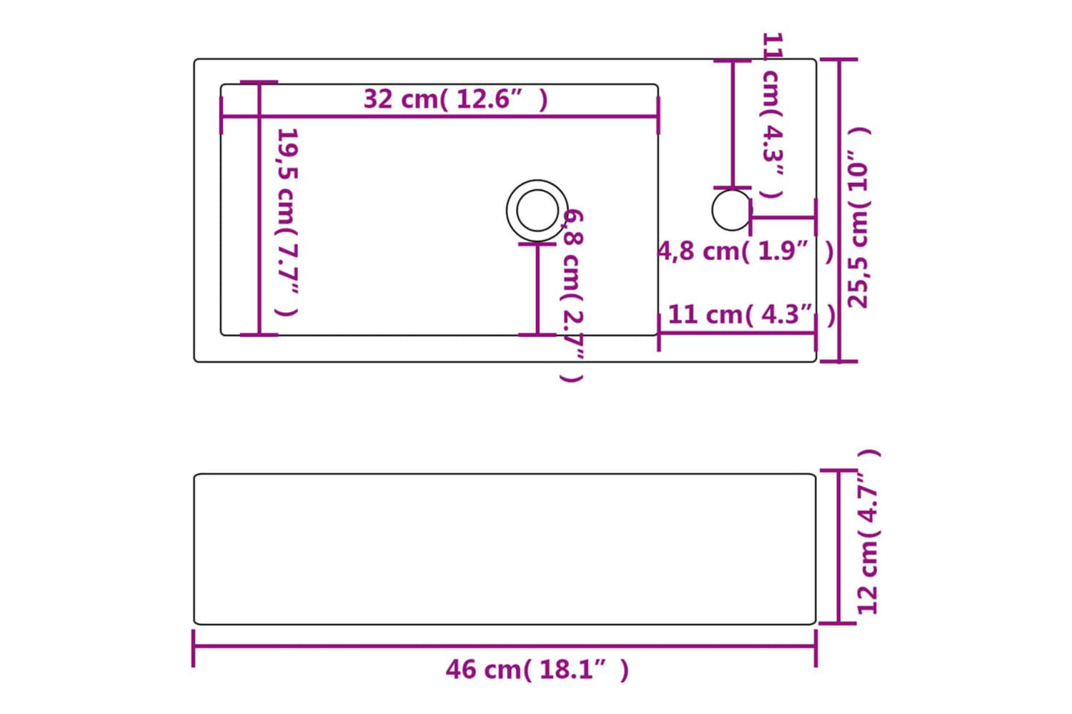 vidaXL 142343 Basin With Faucet Hole Rectangular Ceramic White 46x25.5x12cm-6