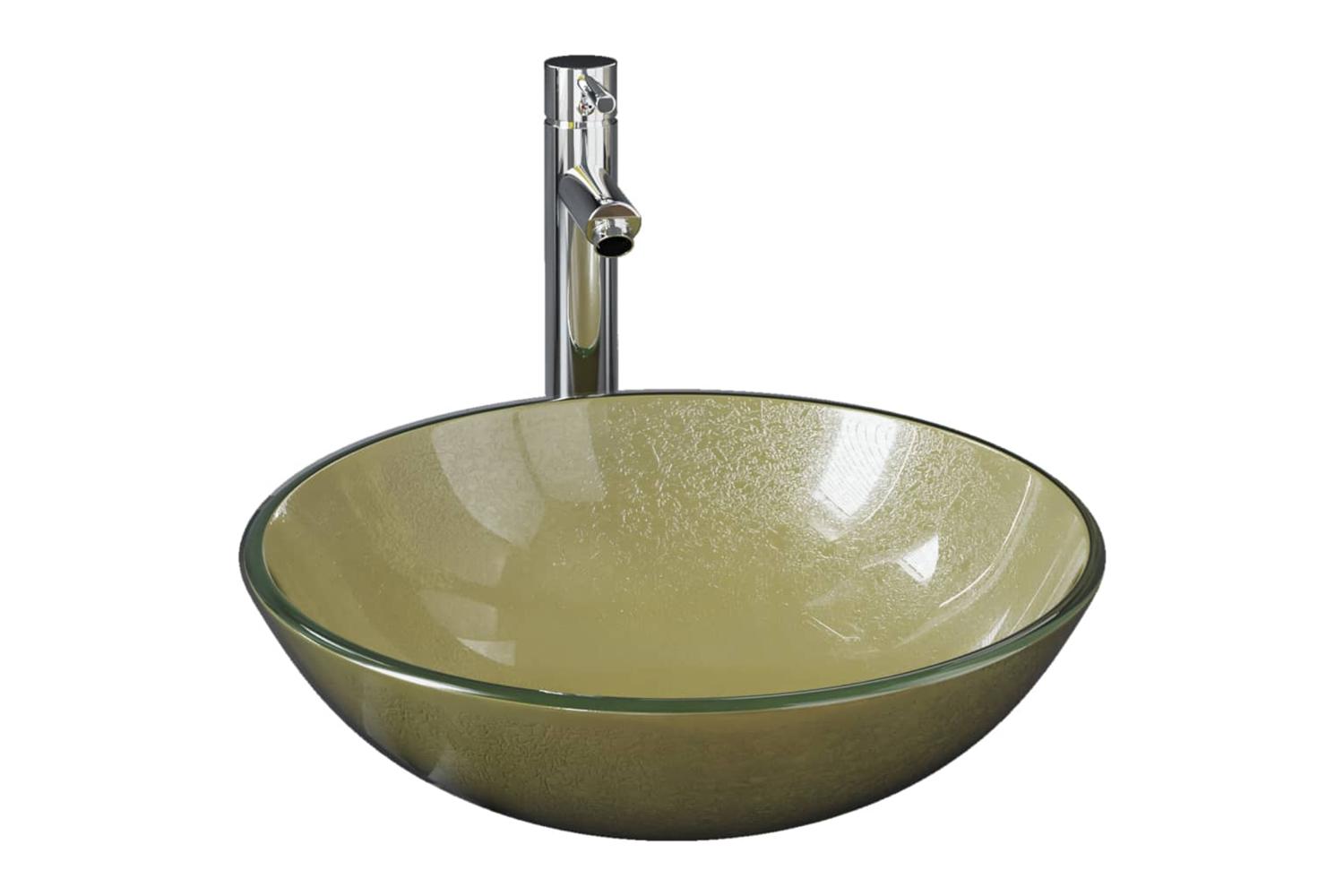 Vidaxl 3098463 Bathroom Sink With Tap And Push Drain Gold Tempered Glass