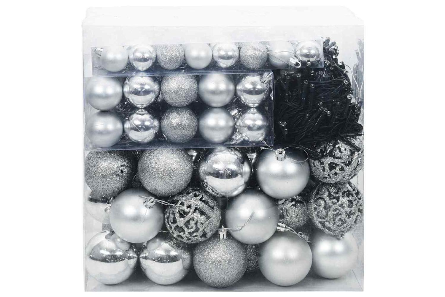 Vidaxl Christmas Bauble Set With 300 Leds 120 Pcs Silver Plastic-3