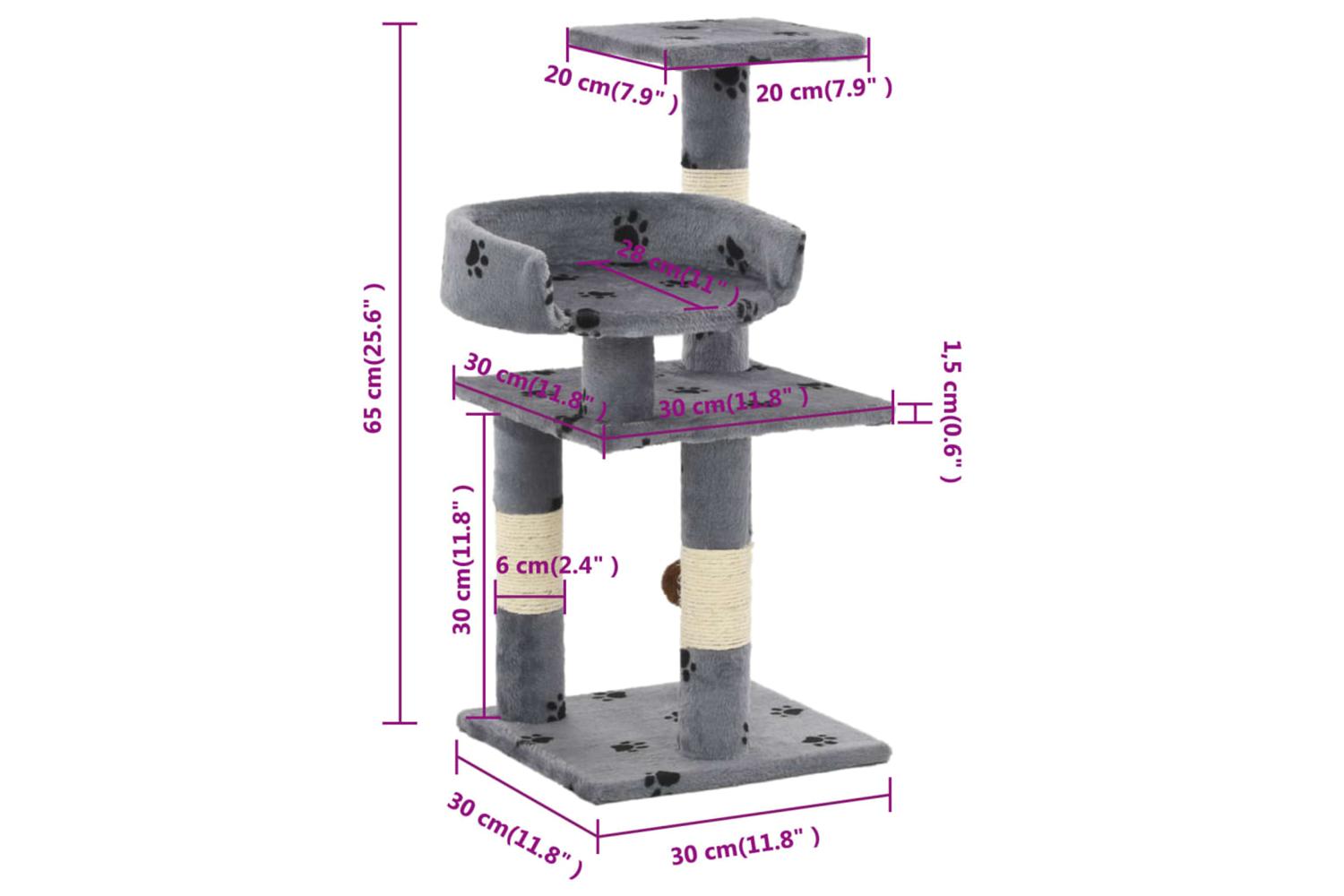 Cat Tree With Sisal Scratching Posts 65 Cm Paw Prints Grey-6