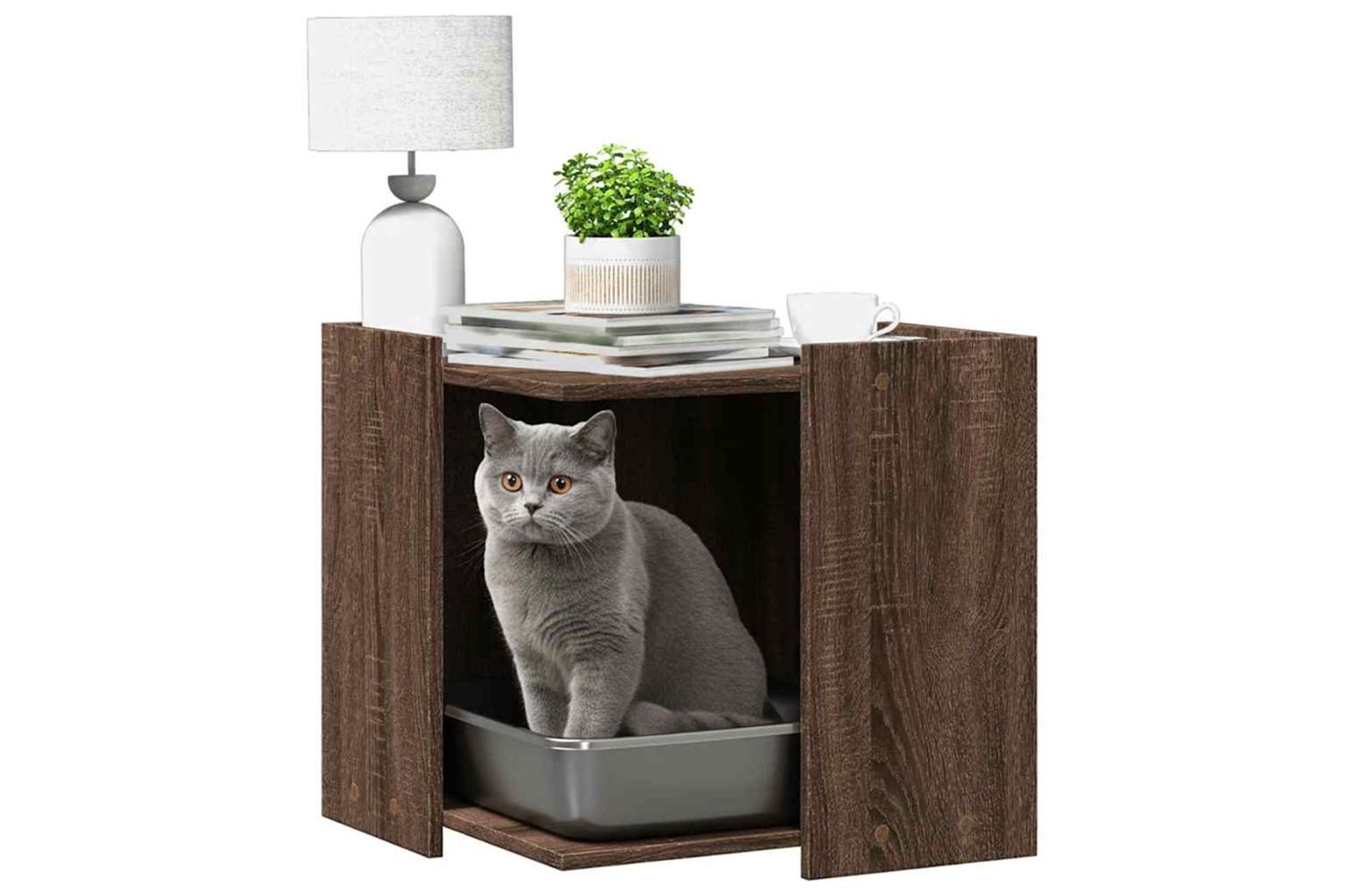 Cat Litter Box Enclosure Brown Oak 53x53x51 Cm Engineered Wood-3