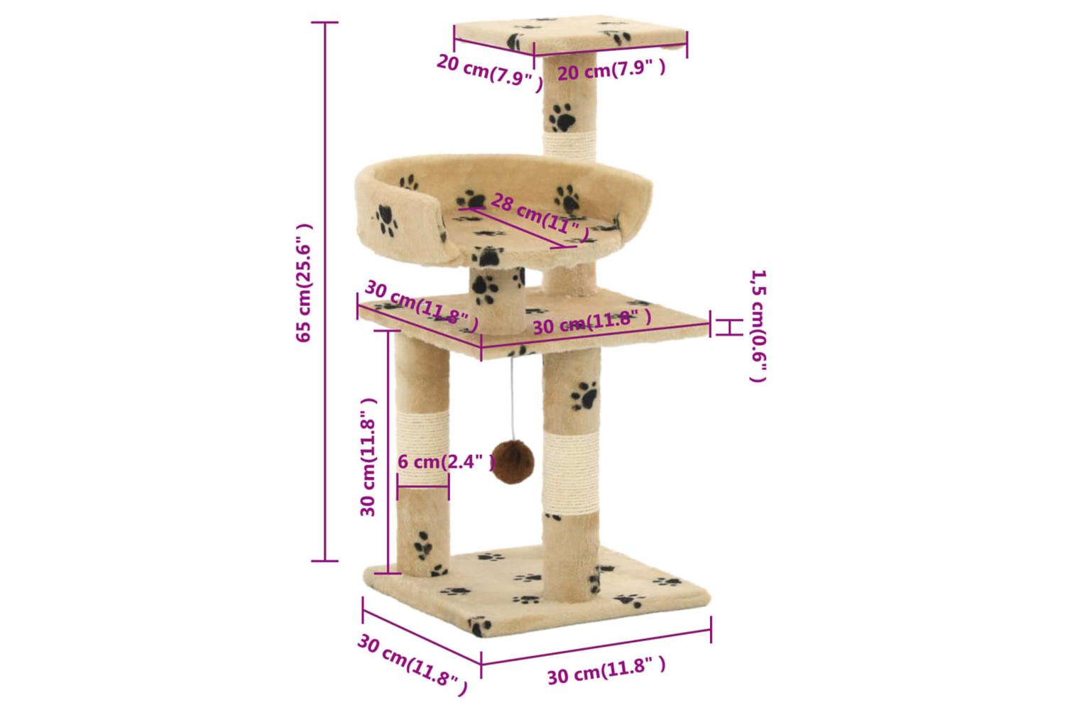Cat Tree With Sisal Scratching Posts 65 Cm Paw Prints Beige-6