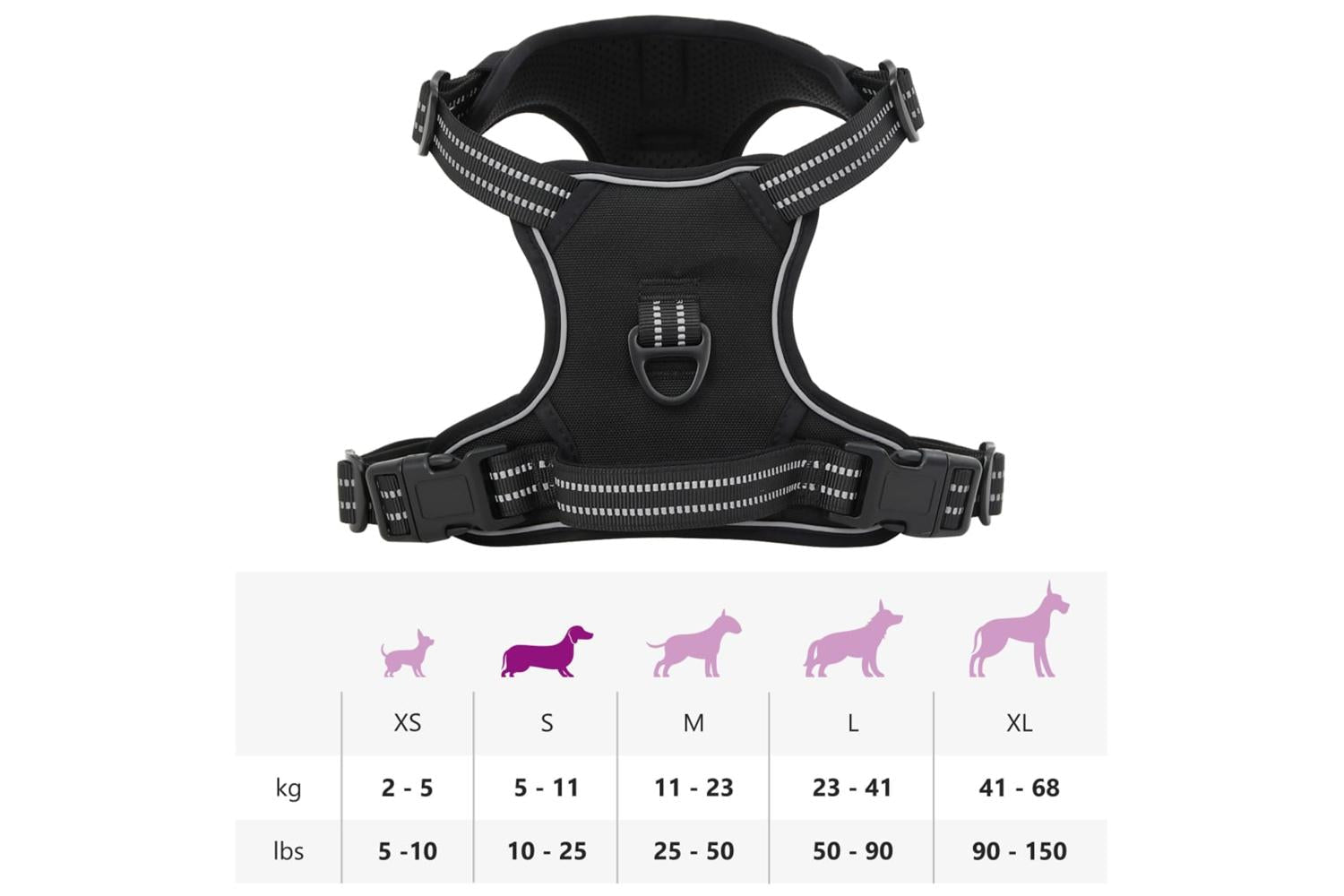 Dog Harness With Reflective Stripes Adjustable Black S-10