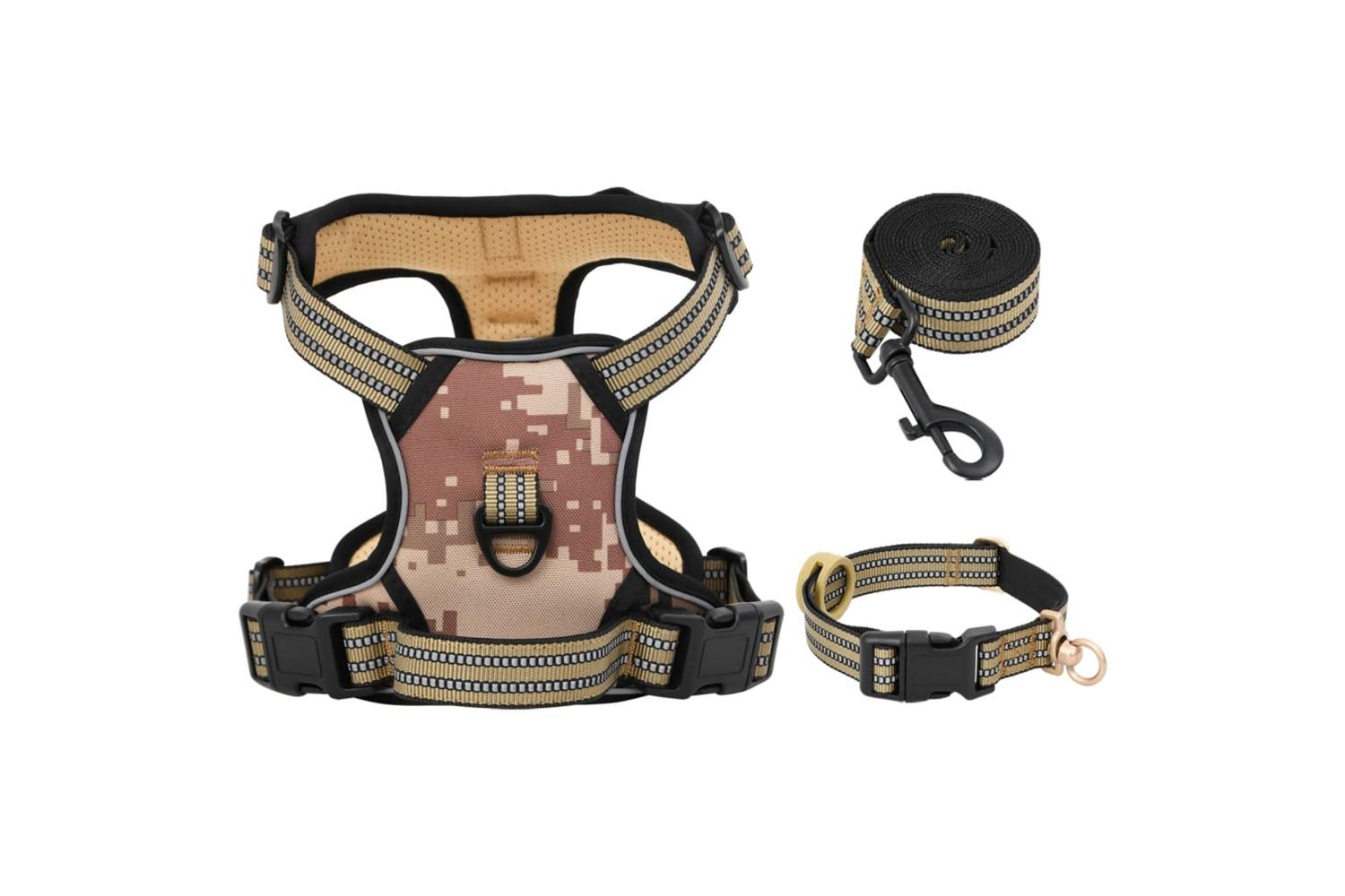 Dog Harness With Lead Collar Adjustable Camouflage Brown S-3