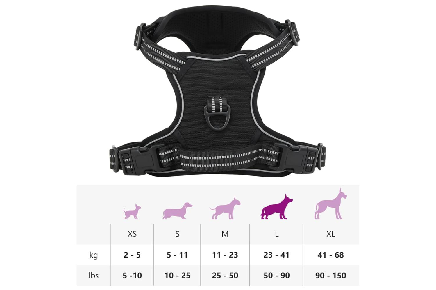 Dog Harness With Reflective Stripes Adjustable Black L-10
