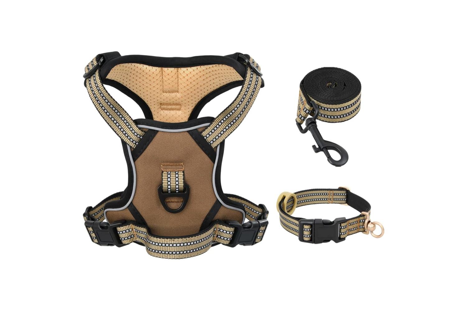 Dog Harness With Lead Collar Adjustable Brown M-3
