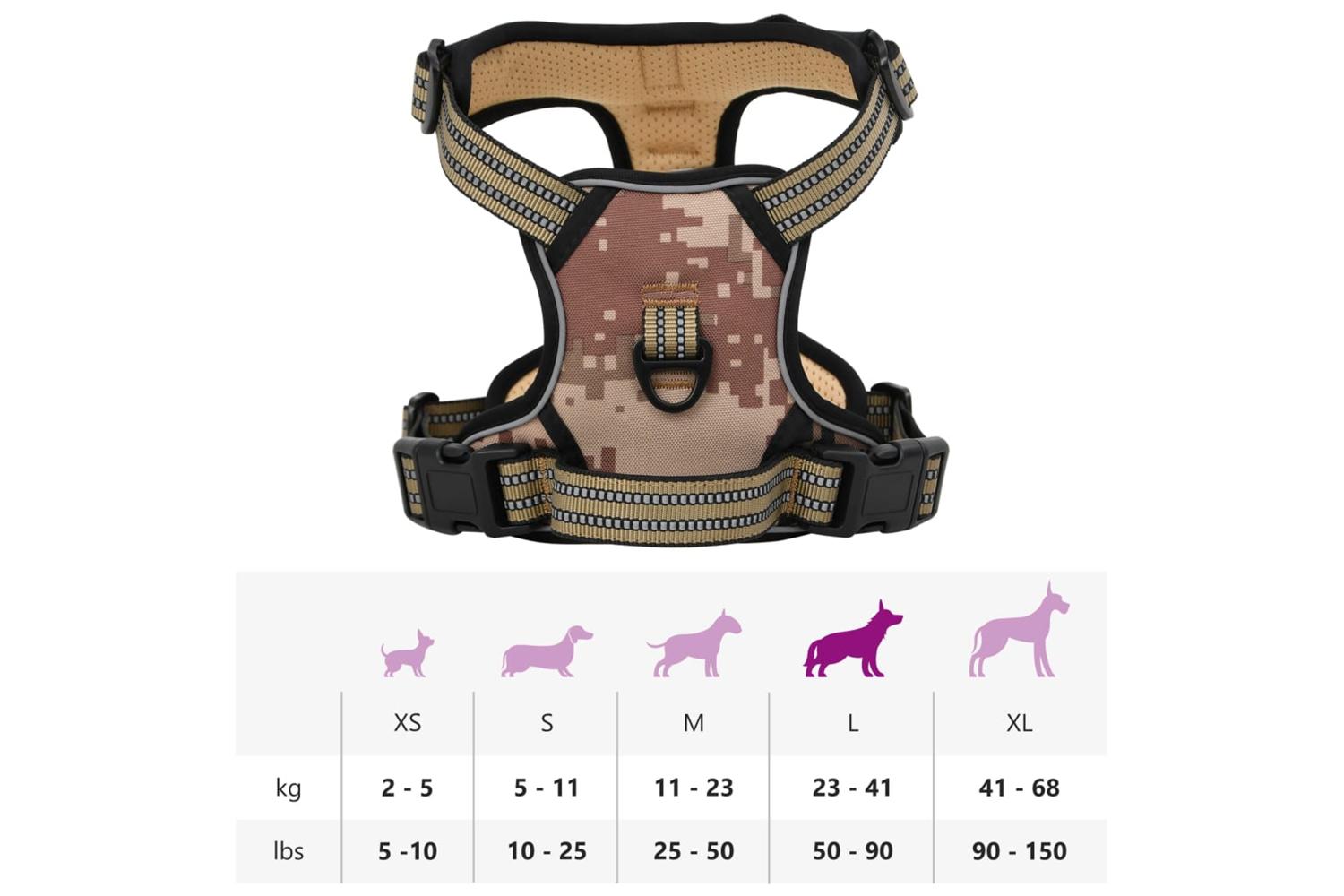 Dog Harness With Reflective Stripes Adjustable Camouflage Brown L-10