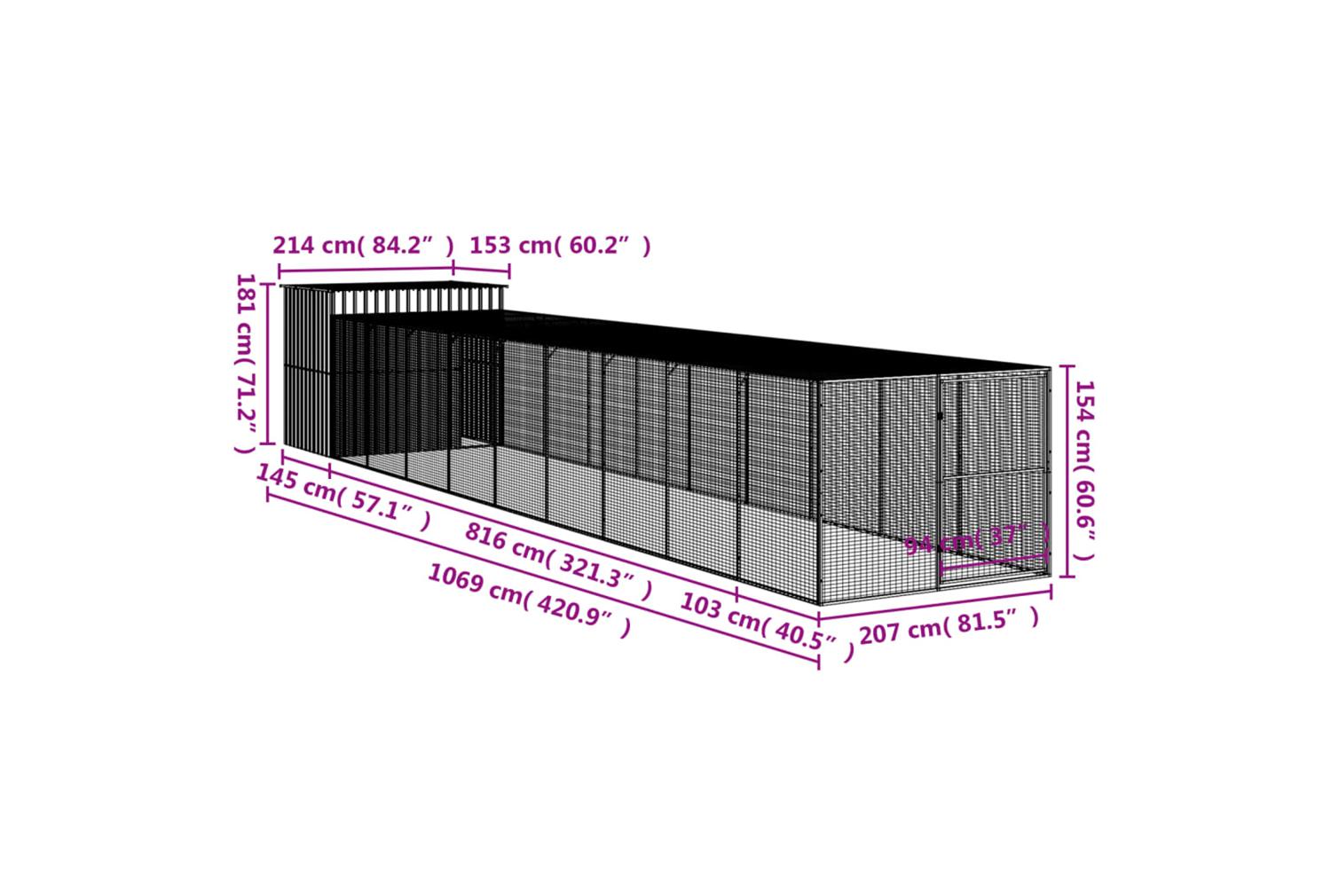 Dog House With Run Anthracite 214x1069x181 Cm Galvanised Steel-9