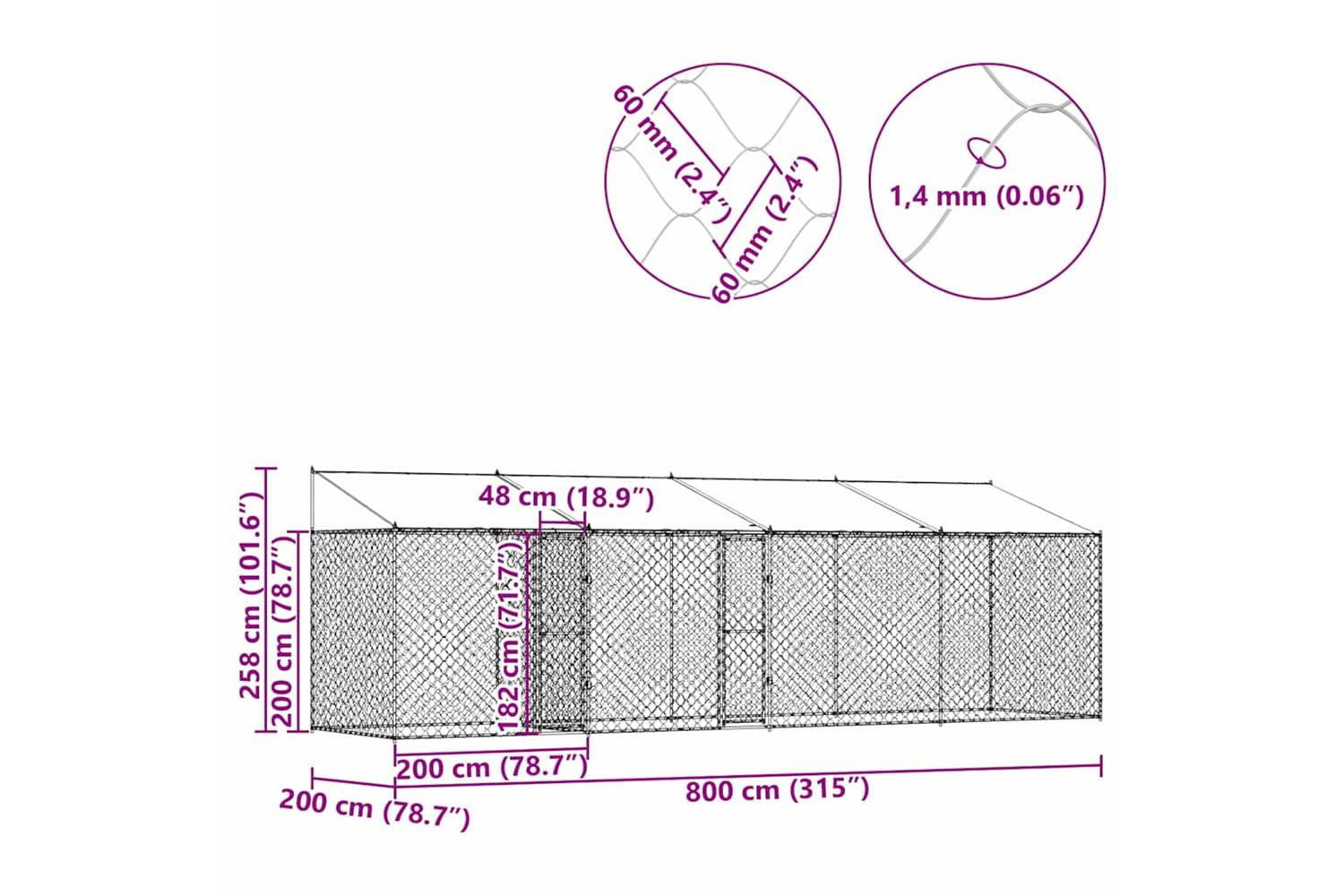 Dog Cage Silver 800 X 200 X 256 Cm Galvanised Steel-10