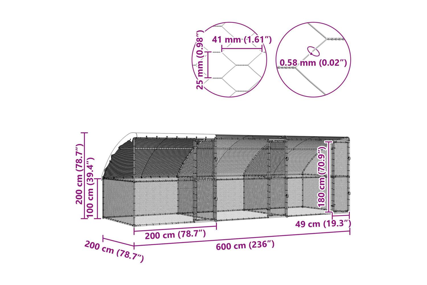 Vidaxl Chicken Cage 3 Pcs Silver 600 X 200 X 200 Cm Steel And Pe-8