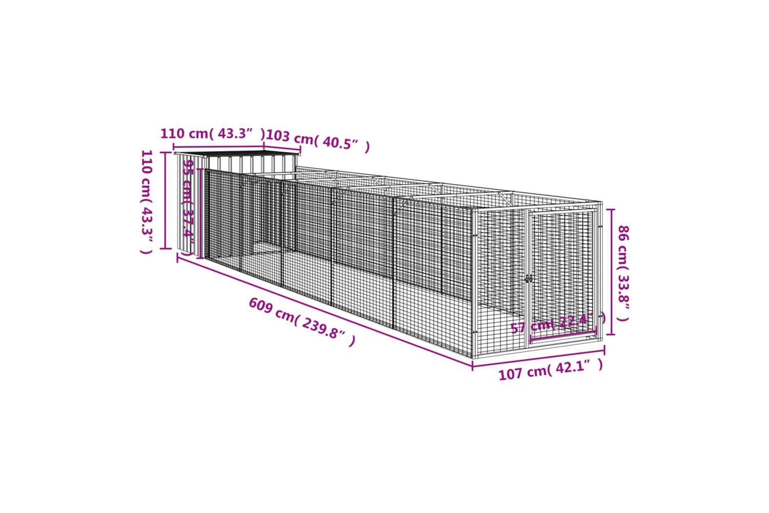 Vidaxl Dog House With Run Anthracite 110x609x110 Cm Galvanised Steel-8