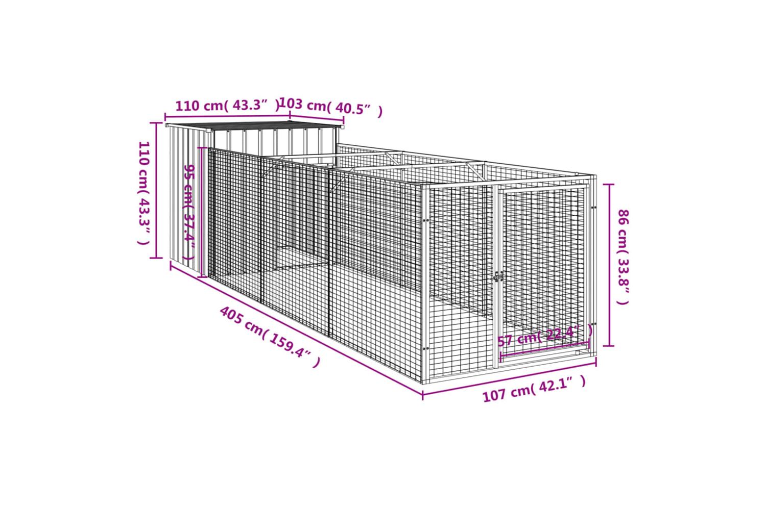 Vidaxl Dog House With Run Light Grey 110x405x110 Cm Galvanised Steel-8