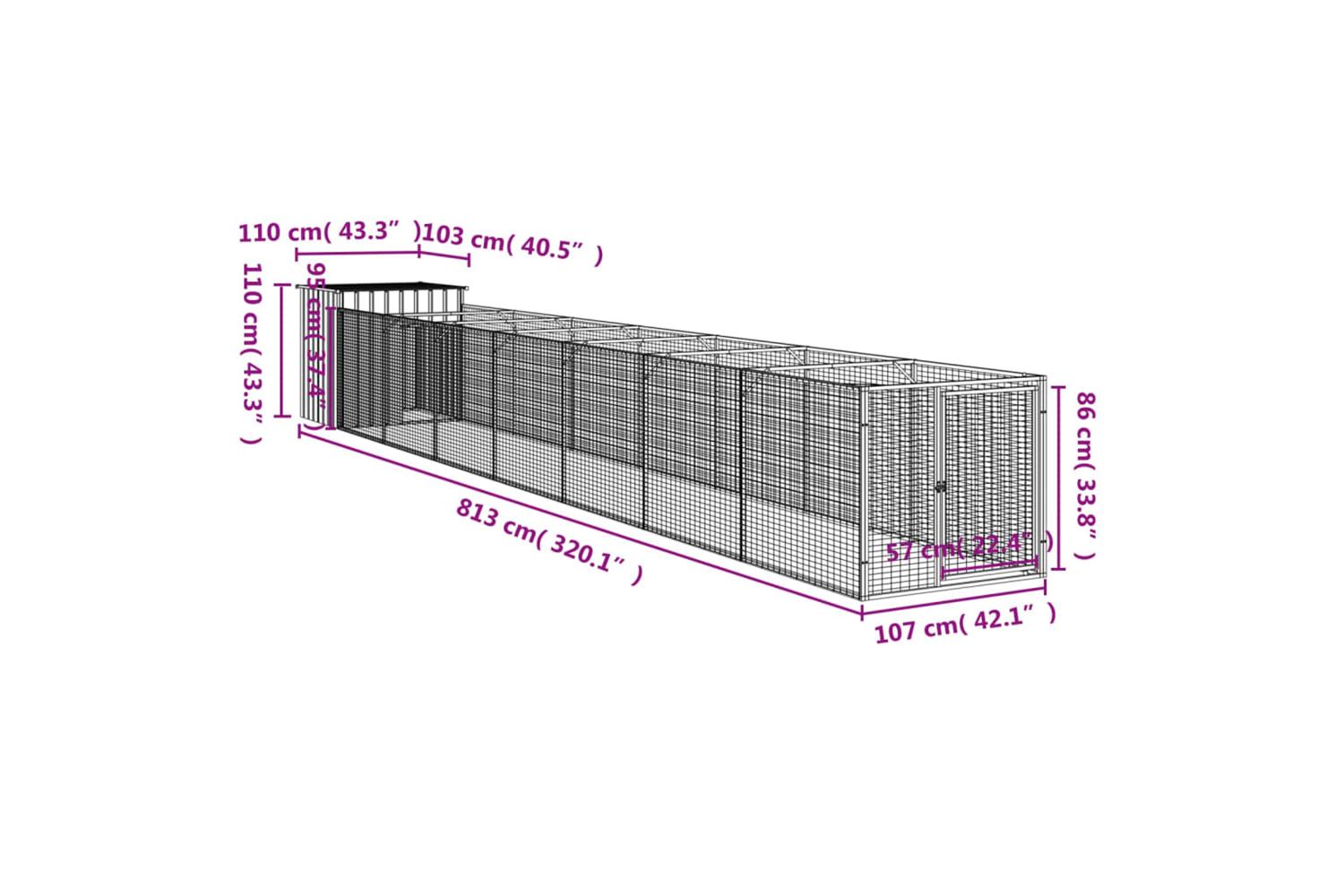 Vidaxl Dog House With Run Light Grey 110x813x110 Cm Galvanised Steel-8
