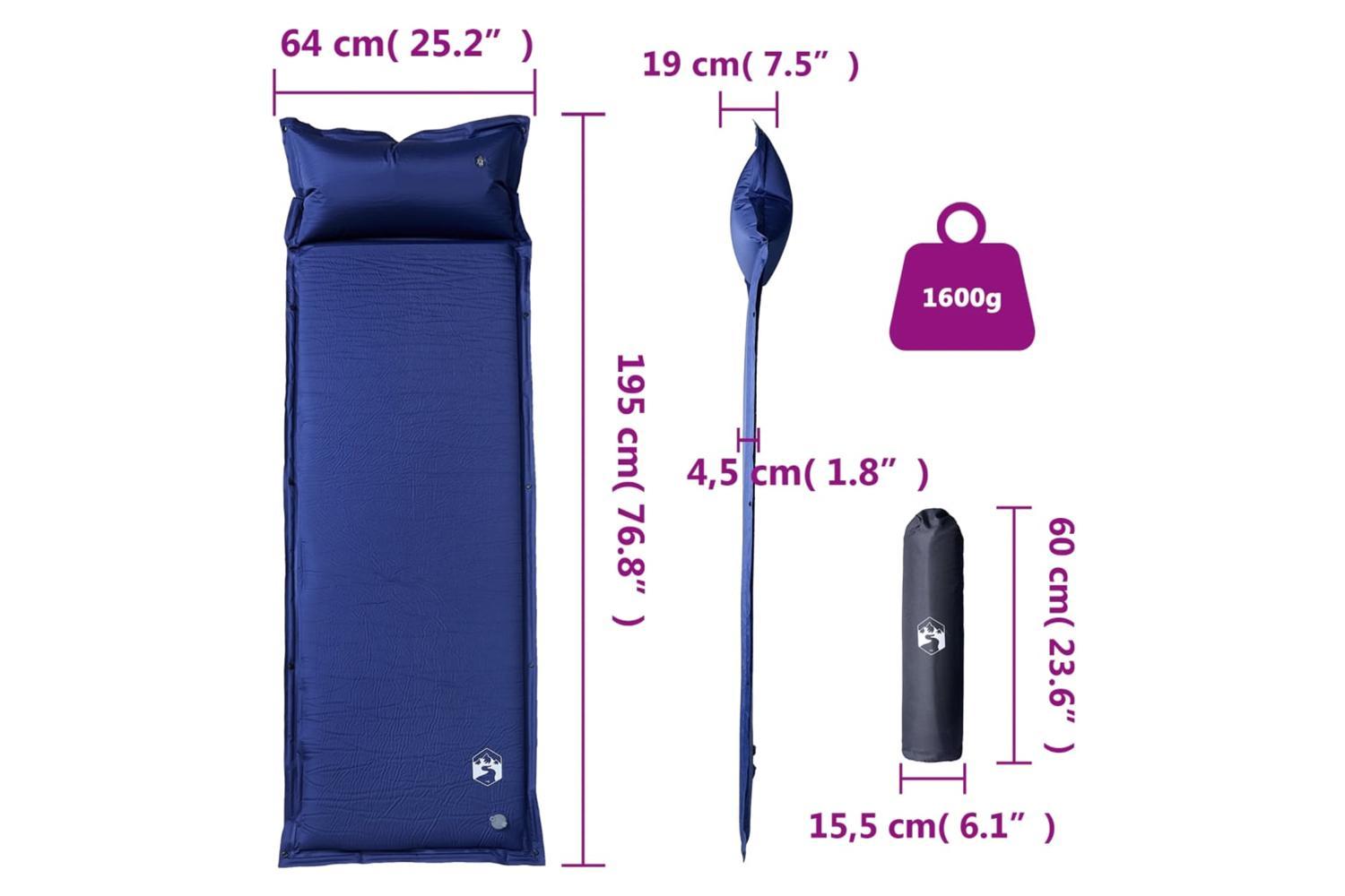 Vidaxl Self Inflating Camping Mattress With Pillow 1-person Navy Blue-6