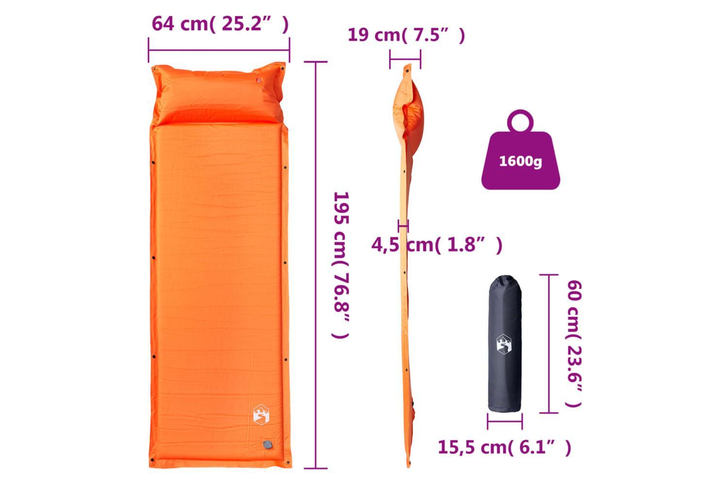 Vidaxl Self Inflating Camping Mattress With Pillow 1-person Orange-6