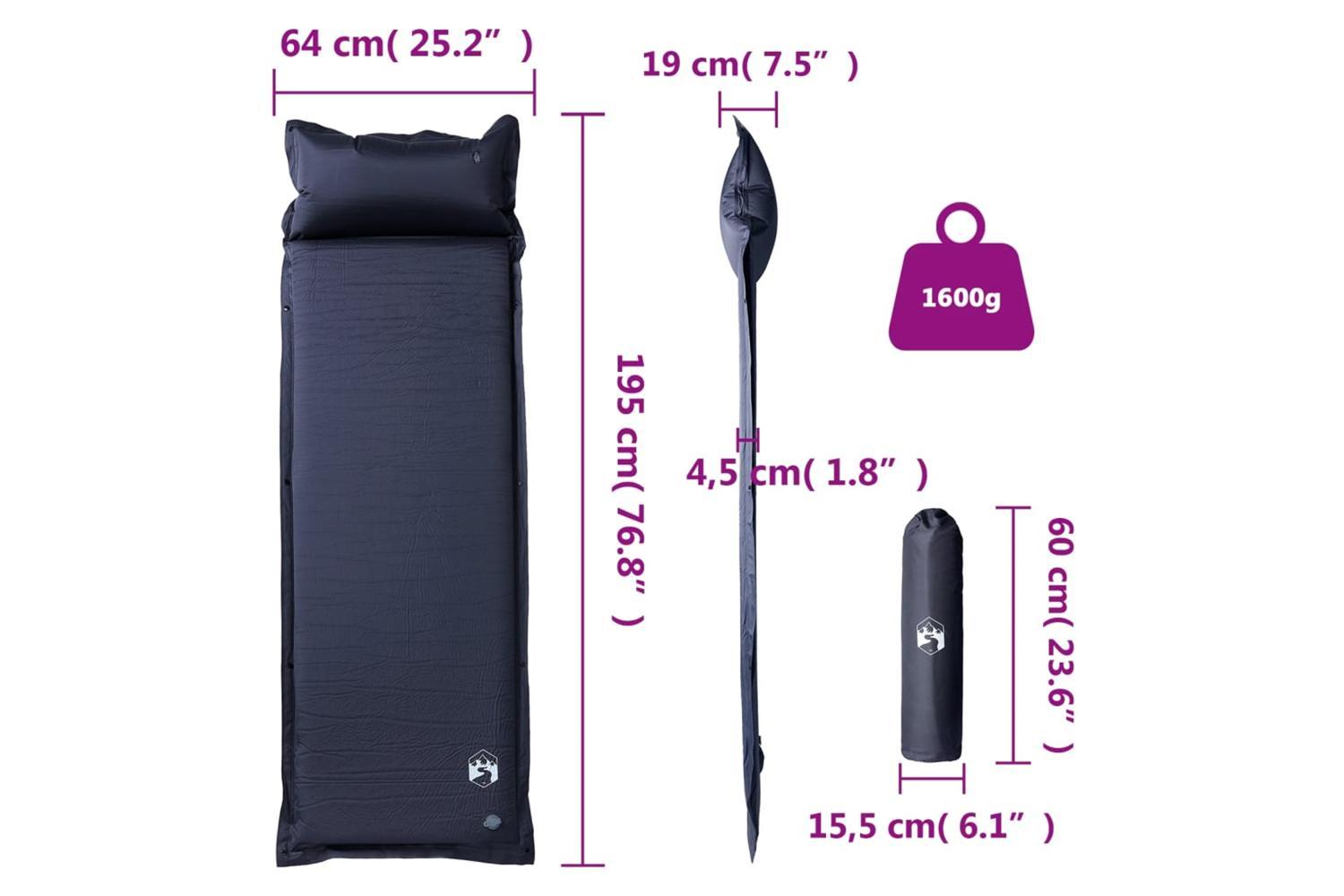 Vidaxl Self Inflating Camping Mattress With Pillow 1-person Grey-6
