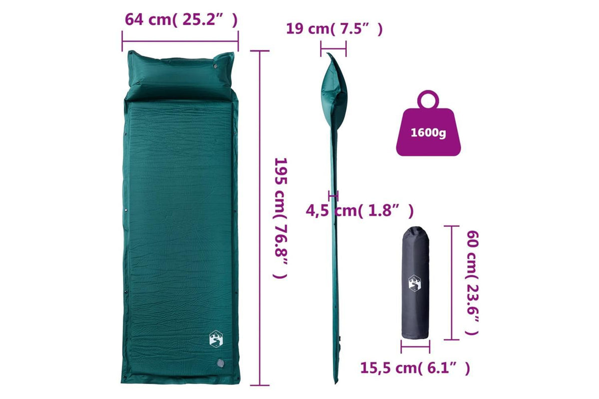 Vidaxl Self Inflating Camping Mattress With Pillow 1-person Green-6