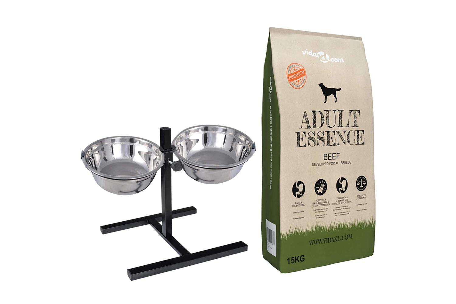 Vidaxl Feeding Stand And Bowl With Dog Food Silver And Black