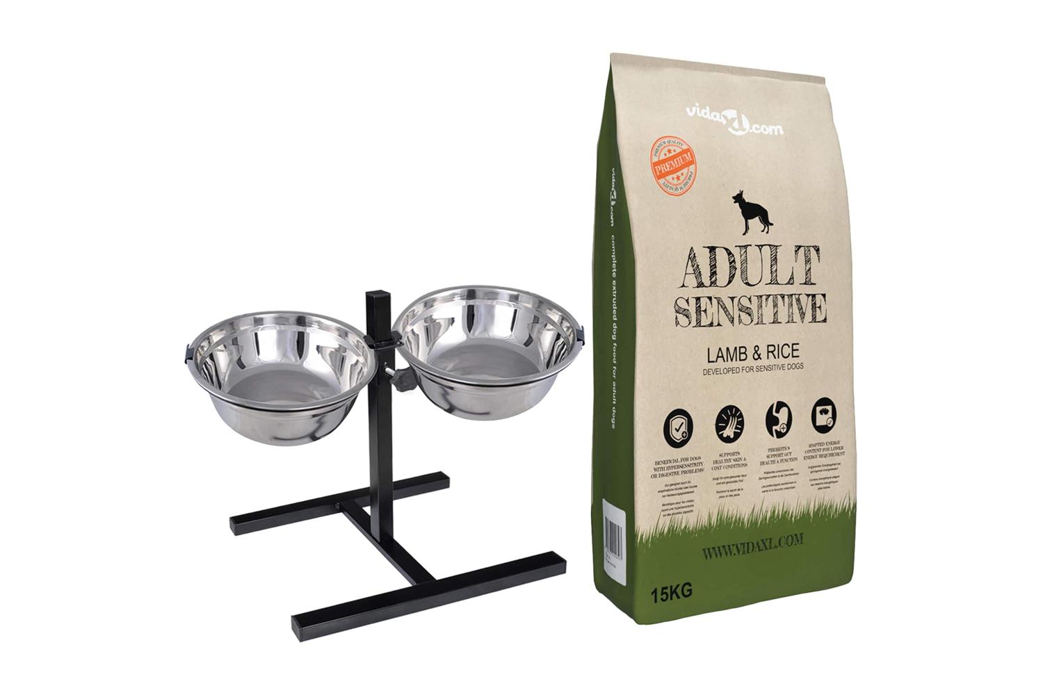 Vidaxl Feeding Stand And Bowl With Dog Food Silver And Black