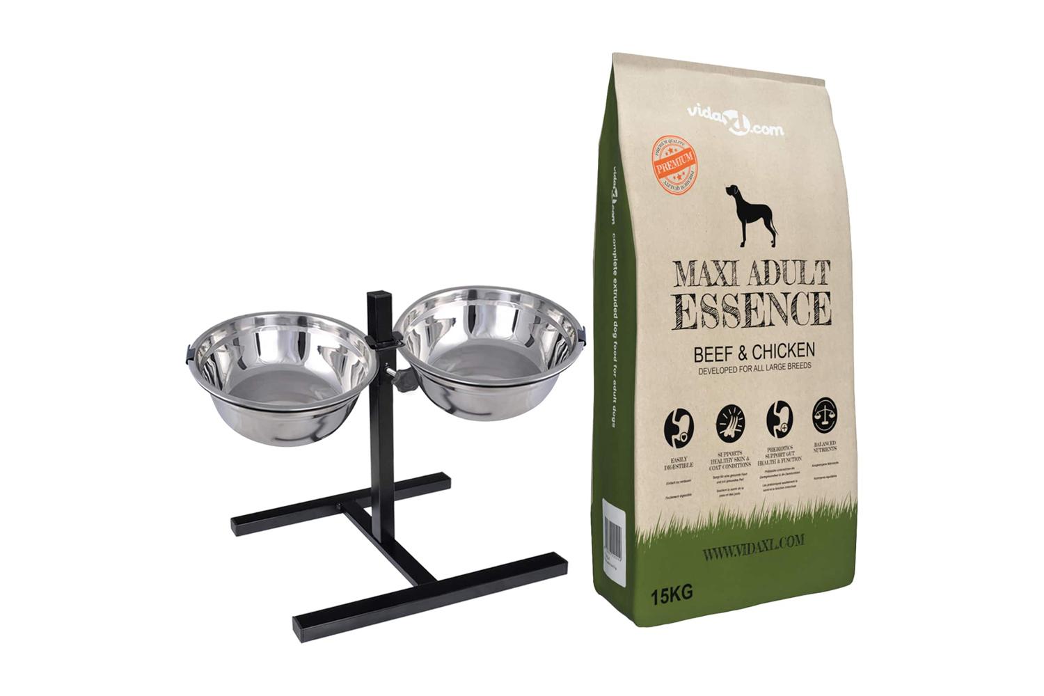 Vidaxl Feeding Stand And Bowl With Dog Food Silver And Black