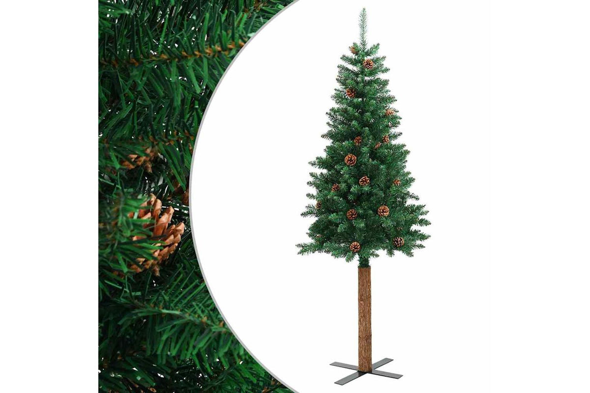 Vidaxl Slim Christmas Tree With Real Wood And Cones Green 210 Cm Pvc