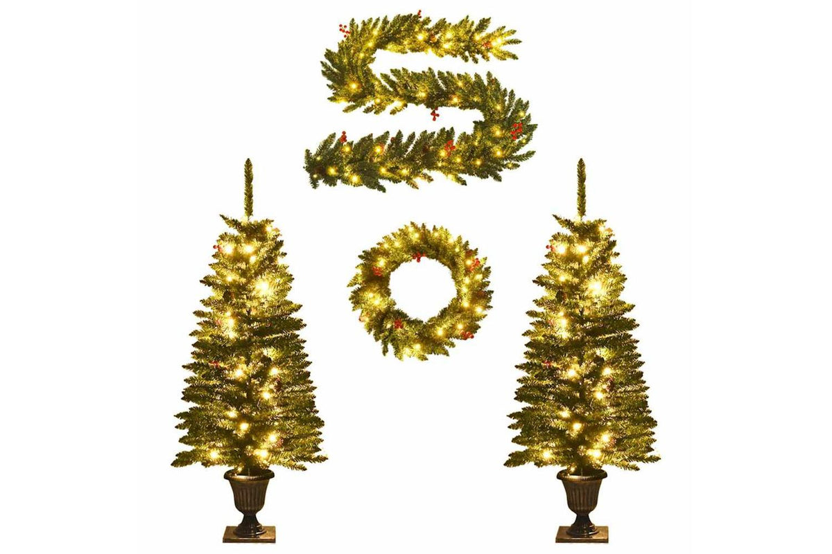 Vidaxl Artificial Christmas Trees 2 Pcs With Wreath Garland And Leds