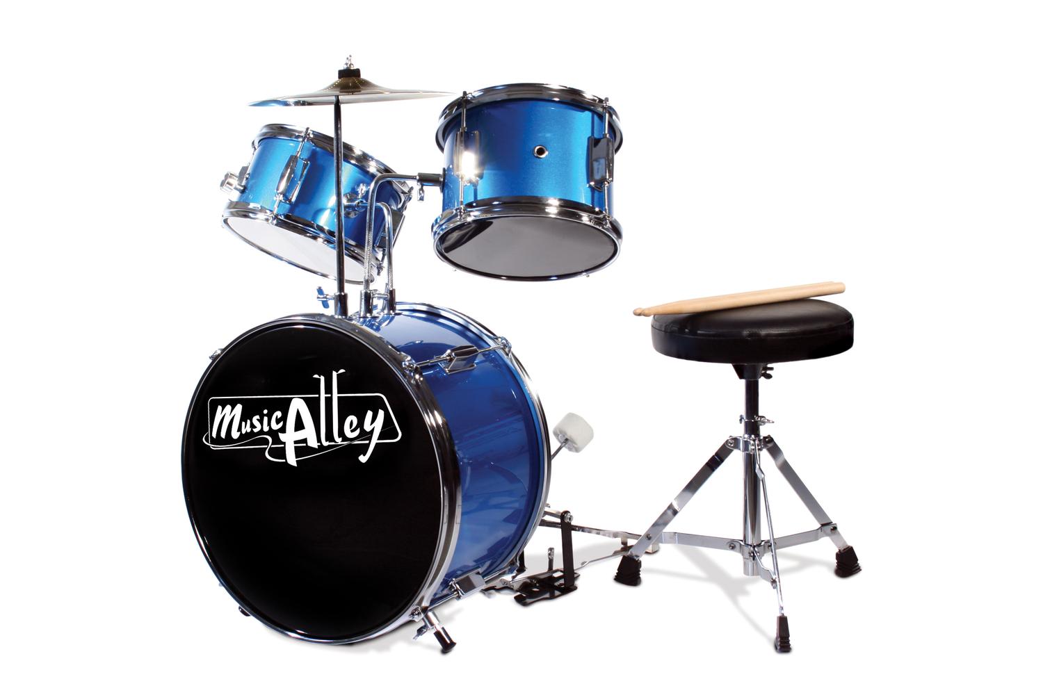 Music Alley 3-piece Junior Drum Set With Drum Throne & Drumsticks - Blue