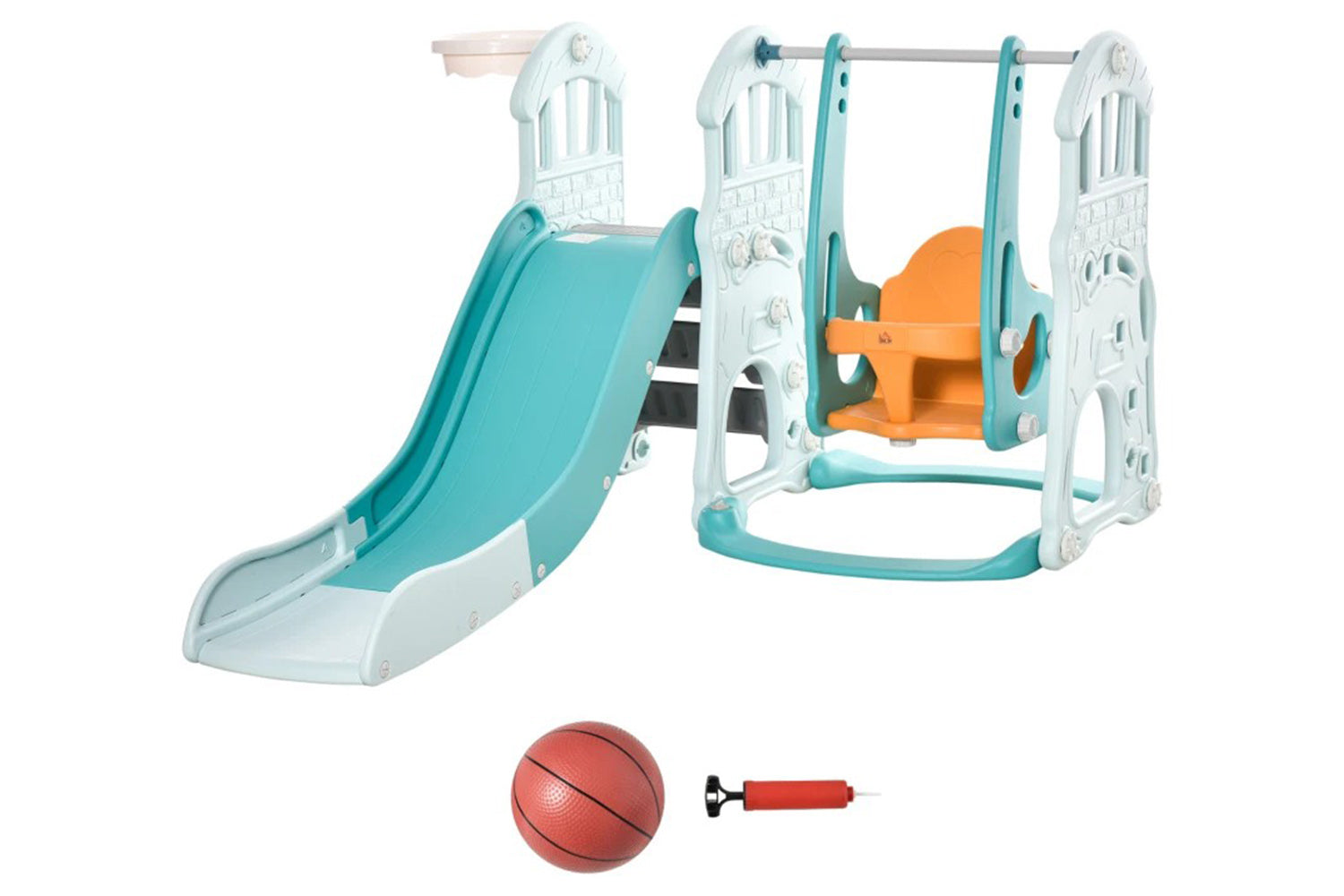 Homcom 331-007 3 in 1 Kid Slide and Swing Set Activity Center with Basketball | Blue/Orange