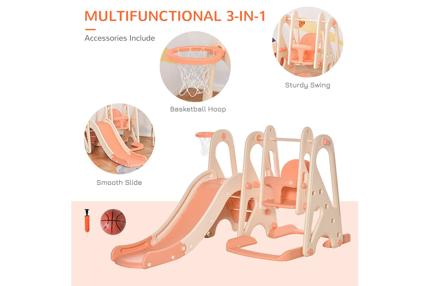 Homcom 331-014 3 in 1 Kid Slide and Swing Set Activity Center with Basketball | Pink-3