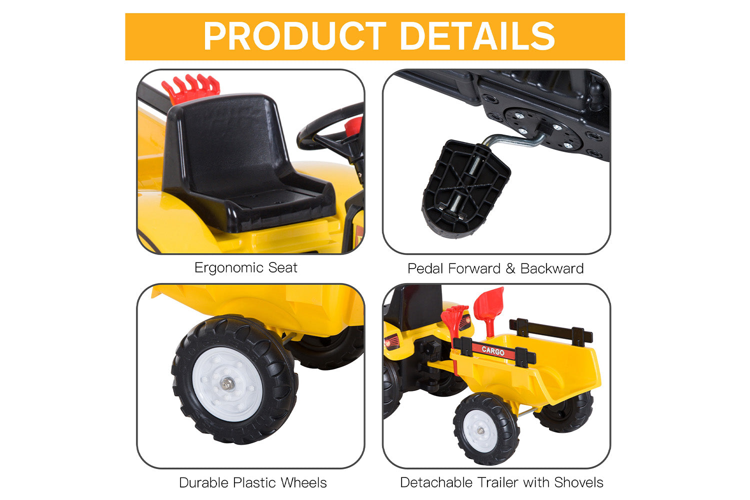 Homcom 341-017 Kids Pedal Tractor with Trailer Excavator | Yellow/Black-2