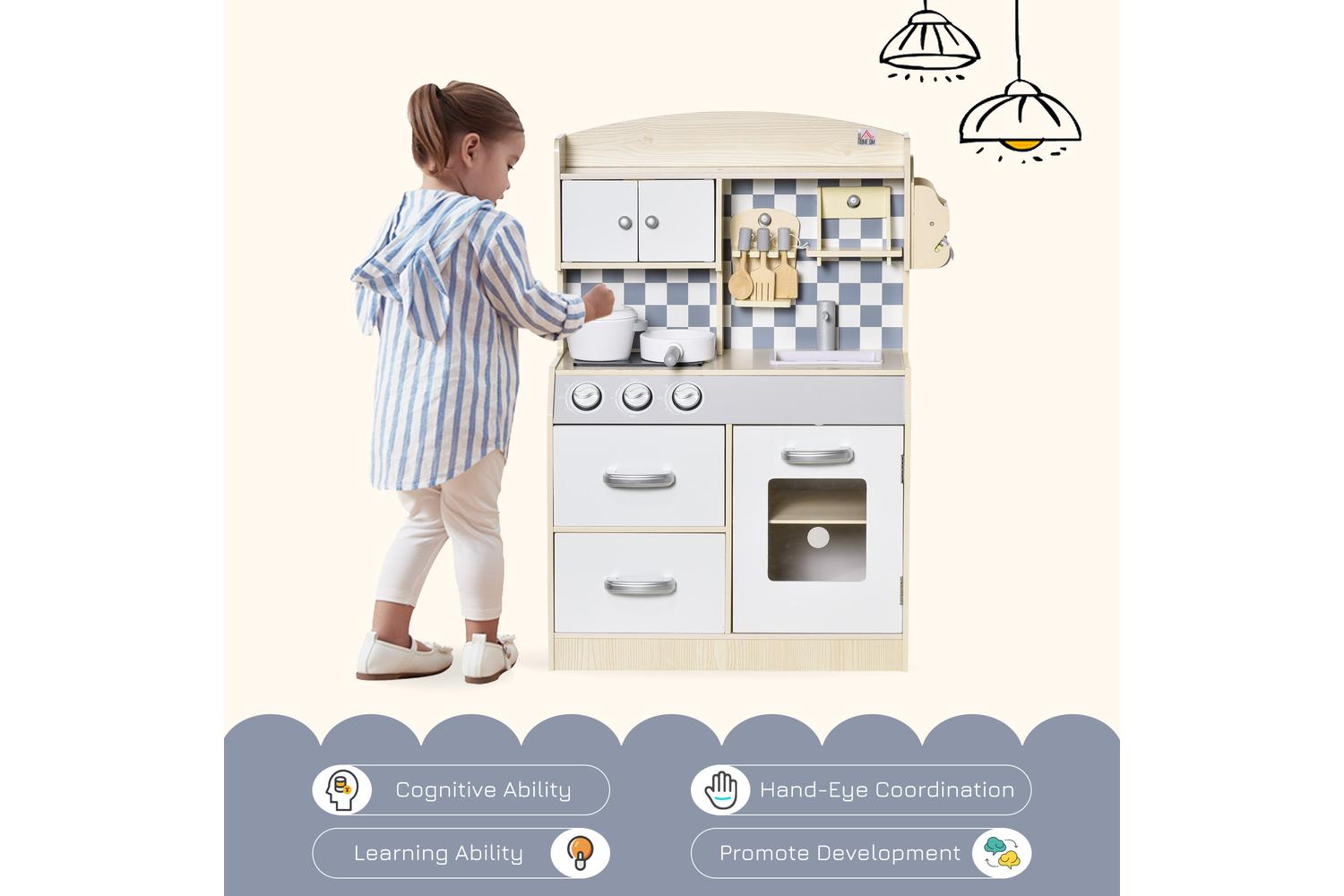 Homcom 350-107 Kids Wooden Kitchen Playset | Nature Wood/White-3